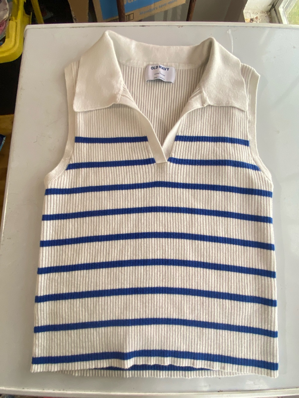 Old Navy Cream Ribbed Tank with Navy Tag Detail